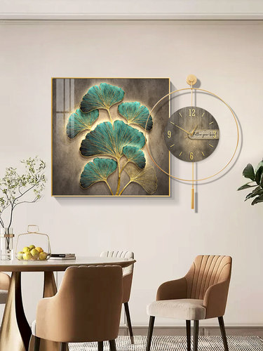 侘寂风餐厅装饰画现代简约银杏叶吃饭厅挂画吉祥寓意好的钟表壁画