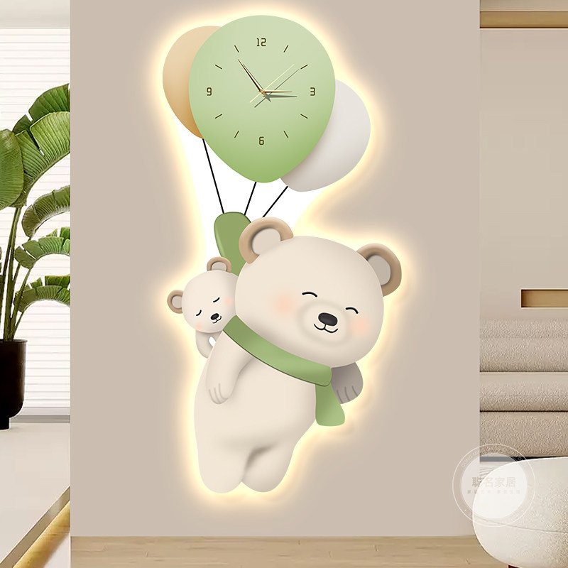 卡通时钟熊猫儿童装饰画带钟表发光灯画入户玄关走廊尽头过道挂画