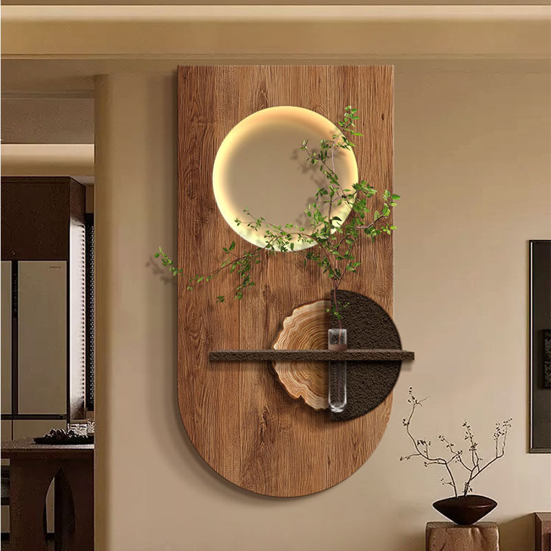 水培绿植入户玄关装饰画中古风走廊尽头挂画高级感立体砂岩壁画灯