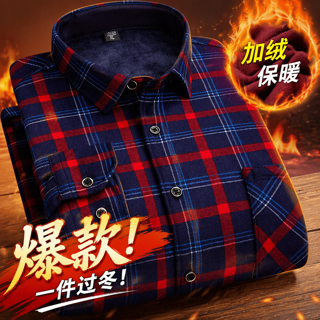 中老年冬季男士保暖衬衫男加绒加厚格子保暖衬衣男大码宽松爸爸装