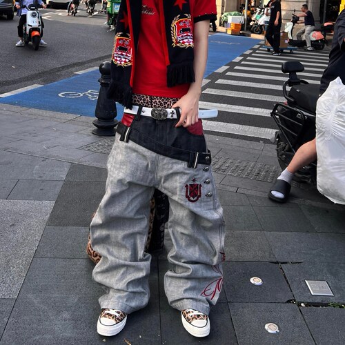 小众复古刺绣baggy双腰牛仔裤