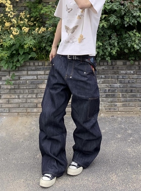 Start美式小众复古水洗原牛工装牛仔裤男宽松痞帅直筒阔腿长裤