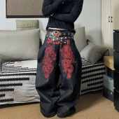 男小众hiphop宽松直筒阔腿长裤 Start美式 红龙刺绣正反两穿牛仔裤
