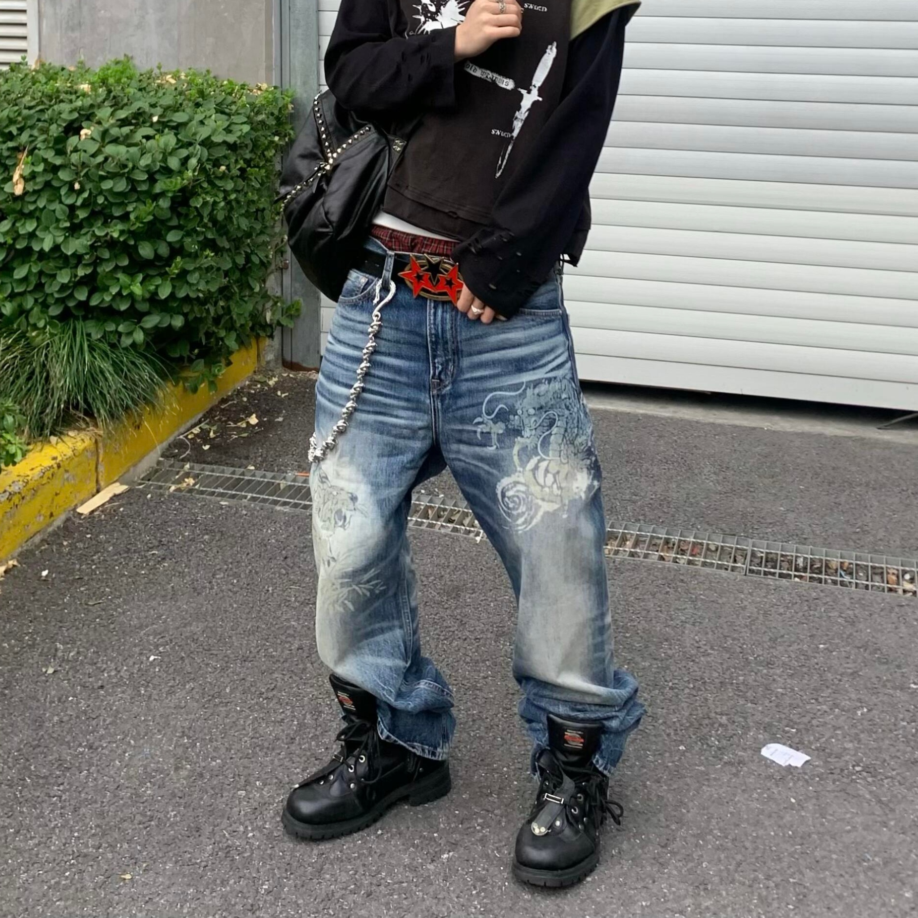 美式高街复古做旧水洗扎花牛仔裤