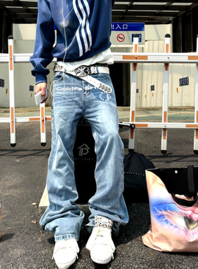 Start美式复古设计感蓝色印花浅蓝微喇直筒宽松牛仔裤男拖地长裤
