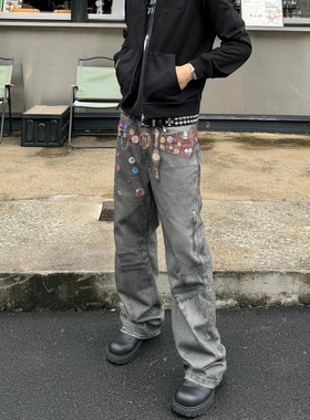 Start美式设计感宽松3D印花腰带牛仔裤男做旧复古直筒微喇阔腿裤