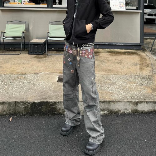 Start美式设计感宽松3D印花腰带牛仔裤男做旧复古直筒微喇阔腿裤 - 封面