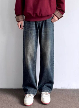 Satrt美式复古水洗做旧宽松直筒牛仔裤百搭休闲显瘦显高阔腿长裤