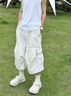 Start美式高街水洗大口袋白色牛仔七分裤男潮牌宽松百搭阔腿短裤