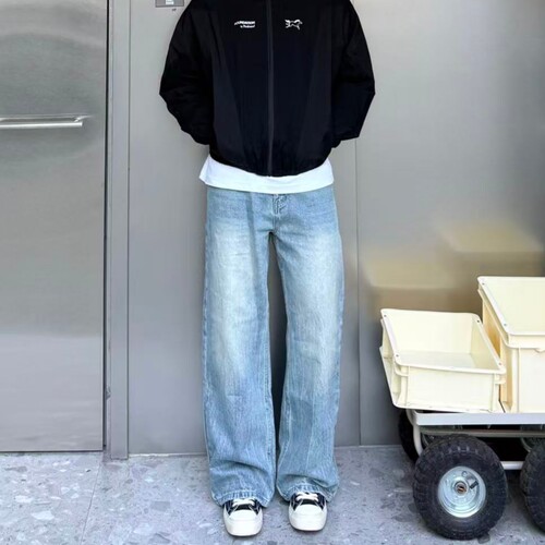 美式水洗浅蓝色直筒牛仔裤男女