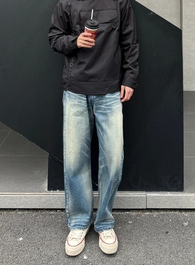 Start美式复古水洗做旧蓝色牛仔裤男潮牌百搭休闲宽松直筒长裤子