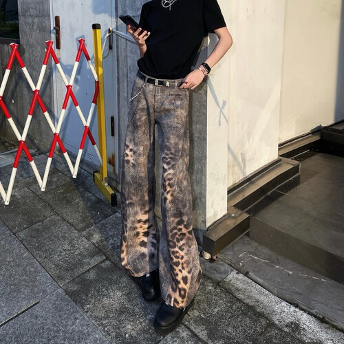 美式小众水洗宽松豹纹牛仔裤