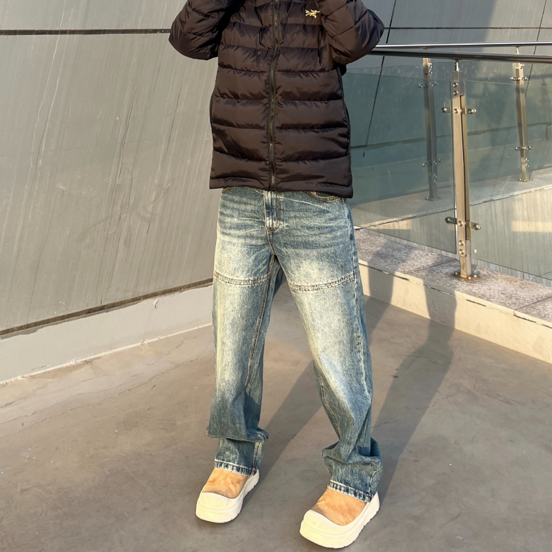 Start美式高街vibe水洗做旧直筒牛仔裤男潮牌小众拼接阔腿长裤子,男装,牛仔裤,淘宝优惠券,粉丝福利购,淘宝优惠卷