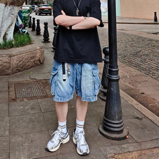 男复古百搭宽松五分裤 Start夏季 牛仔短裤 重工水洗大口袋工装 美式