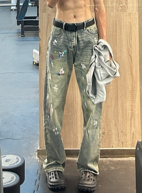 Satrt美式休闲彩虹色涂鸦设计感泼墨牛仔裤男做旧宽松直筒裤子