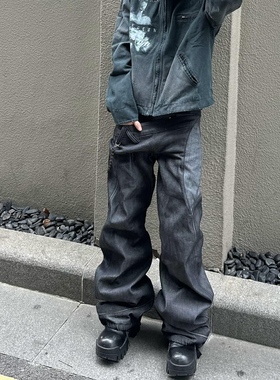 Start美式小众设计感双腰头拼接弯刀牛仔裤男街头宽松阔腿长裤潮