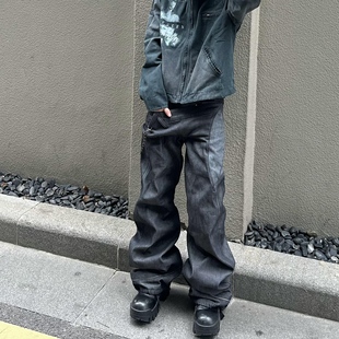 Start美式小众设计感双腰头拼接弯刀牛仔裤男街头宽松阔腿长裤潮