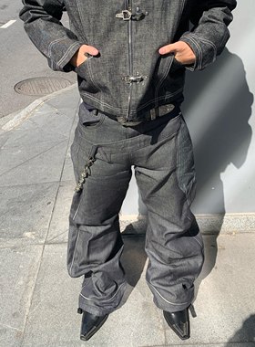 Start美式复古拼接双腰头水洗牛仔裤男潮牌街头宽松阔腿微喇长裤