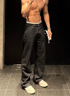 Start潮牌美式黑色直筒微喇牛仔裤男街头通勤百搭宽松拖地长裤子