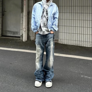 Start 美式设计感卧虎藏龙扎花微喇牛仔裤男复古街头宽松直筒长裤