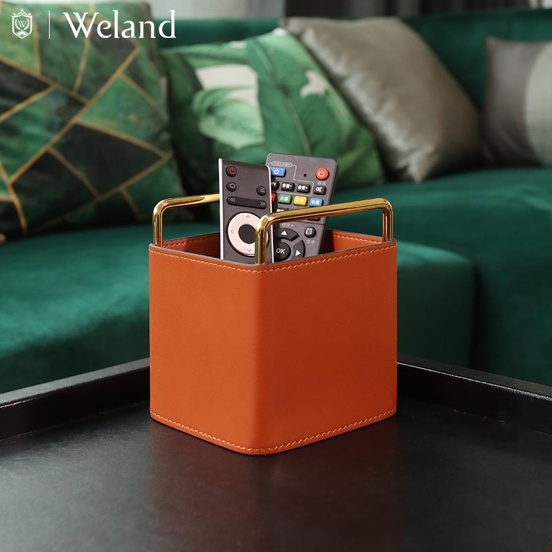 WL桌面收纳盒金属橙色皮质复古书房笔筒客厅茶几创意遥控器收纳盒