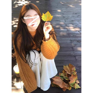 复古慵懒风南瓜橘色麻花毛衣女秋冬季 法式 韩系设计感加厚针织上衣