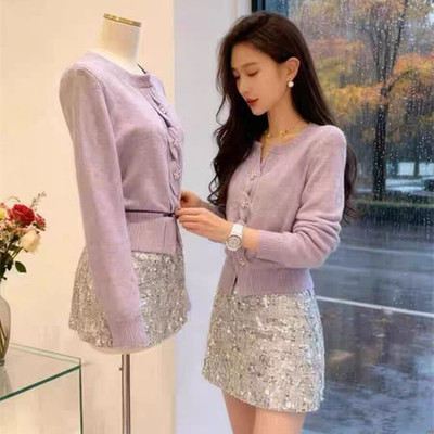 韩系高端气质小香风紫色毛衣裙子