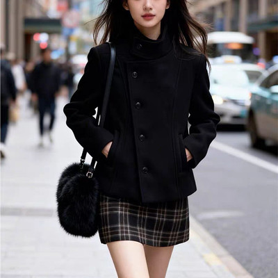 韩系短款赫本风加厚毛呢外套女冬