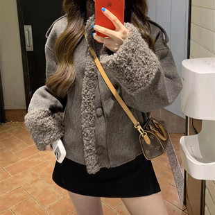深冬装 穿搭一整套超好看独特气质小香风羊羔毛外套女短裙两件套装