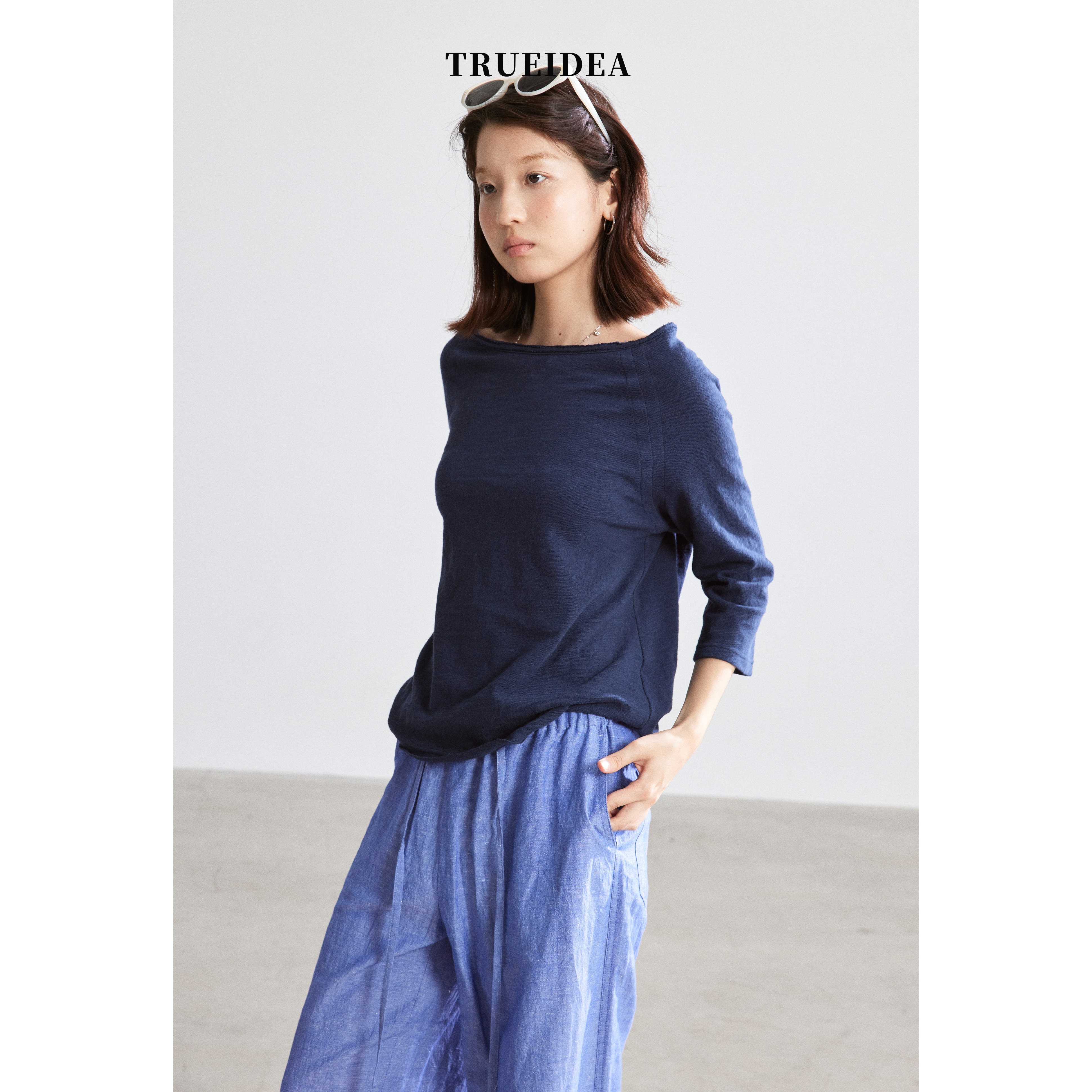 Trueidea   竹节棉七分袖纯棉T恤夏季插肩船领宽松上衣