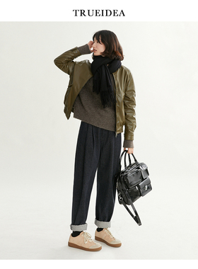 trueidea春夏 日本面料炭黑色高腰萝卜牛仔裤 通勤百搭锥形气球裤