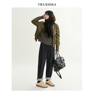 trueidea春夏 日本面料炭黑色高腰萝卜牛仔裤 通勤百搭锥形气球裤