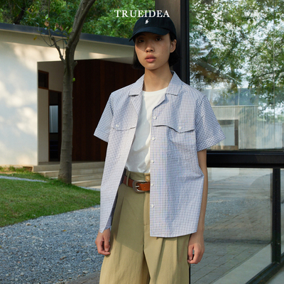 trueidea25夏 水洗色织棉百搭日系风翻边格子短袖衬衫
