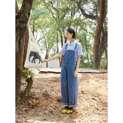 trueidea 酵洗汉麻棉垂感冰肤柔软百搭宽松休闲直筒牛仔背带裤