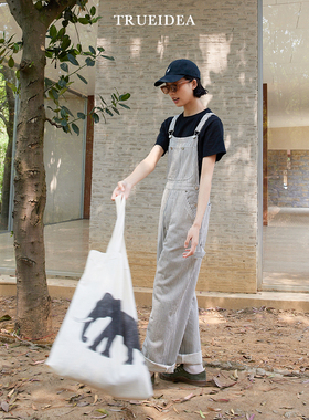 trueidea 水洗棉宽松撞色条纹背带裤连体裤