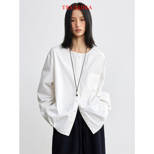 trueidea25新品 四季穿水洗高密纸感棉百搭圆领立裁衬衫 日法文艺