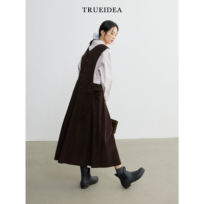 trueidea25秋冬 精梳棉灯芯绒波点纯棉两面穿百褶连衣裙