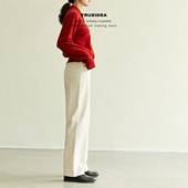 trueidea经典 奶白色重酵洗水洗棉灯芯绒高腰直筒长裤 返场三季 穿