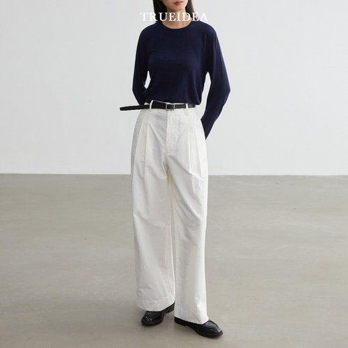 trueidea百搭高腰水洗棉白拖地裤