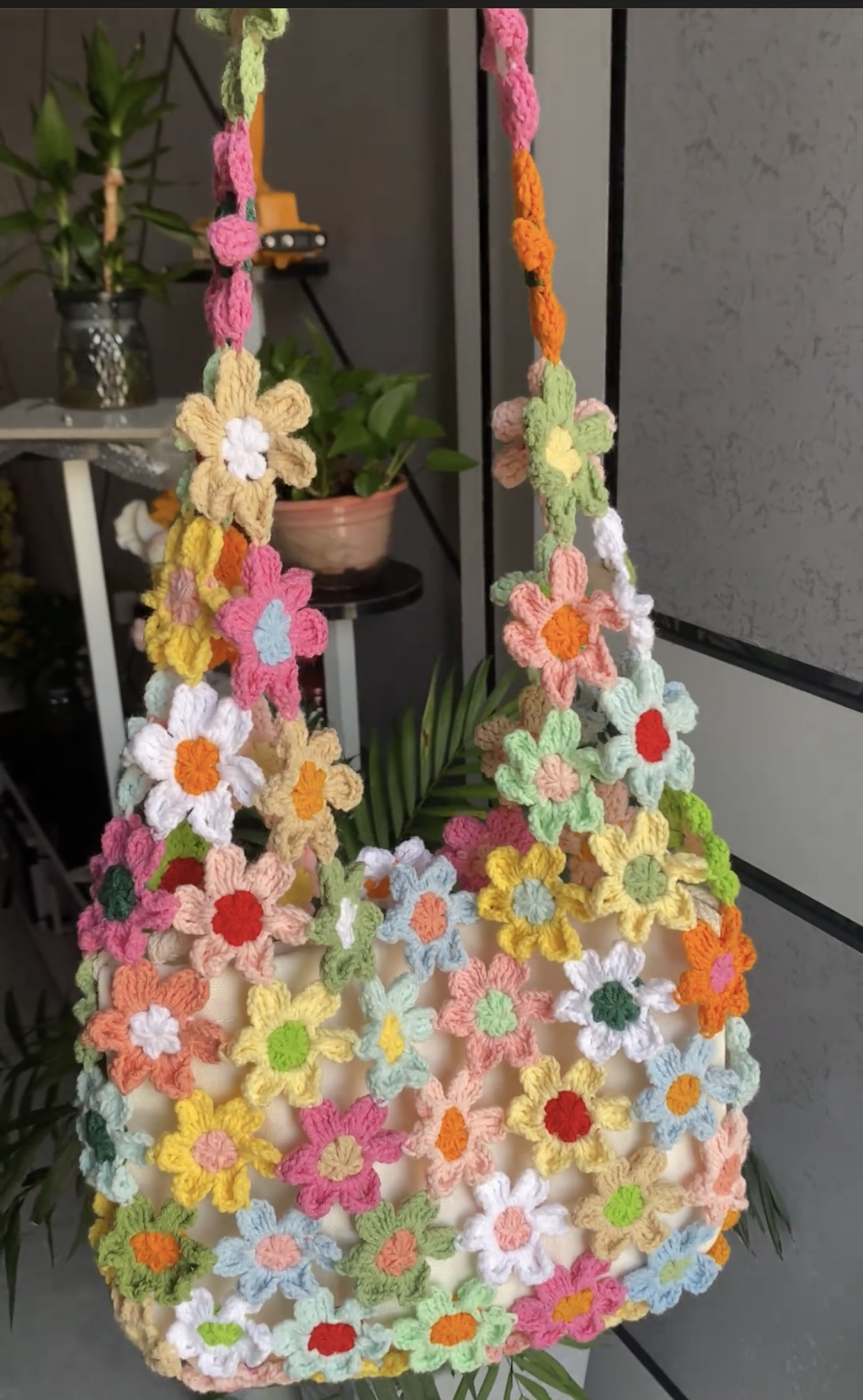 手工diy材料包夏日钩织花朵碎花拼接镂空单肩包成品