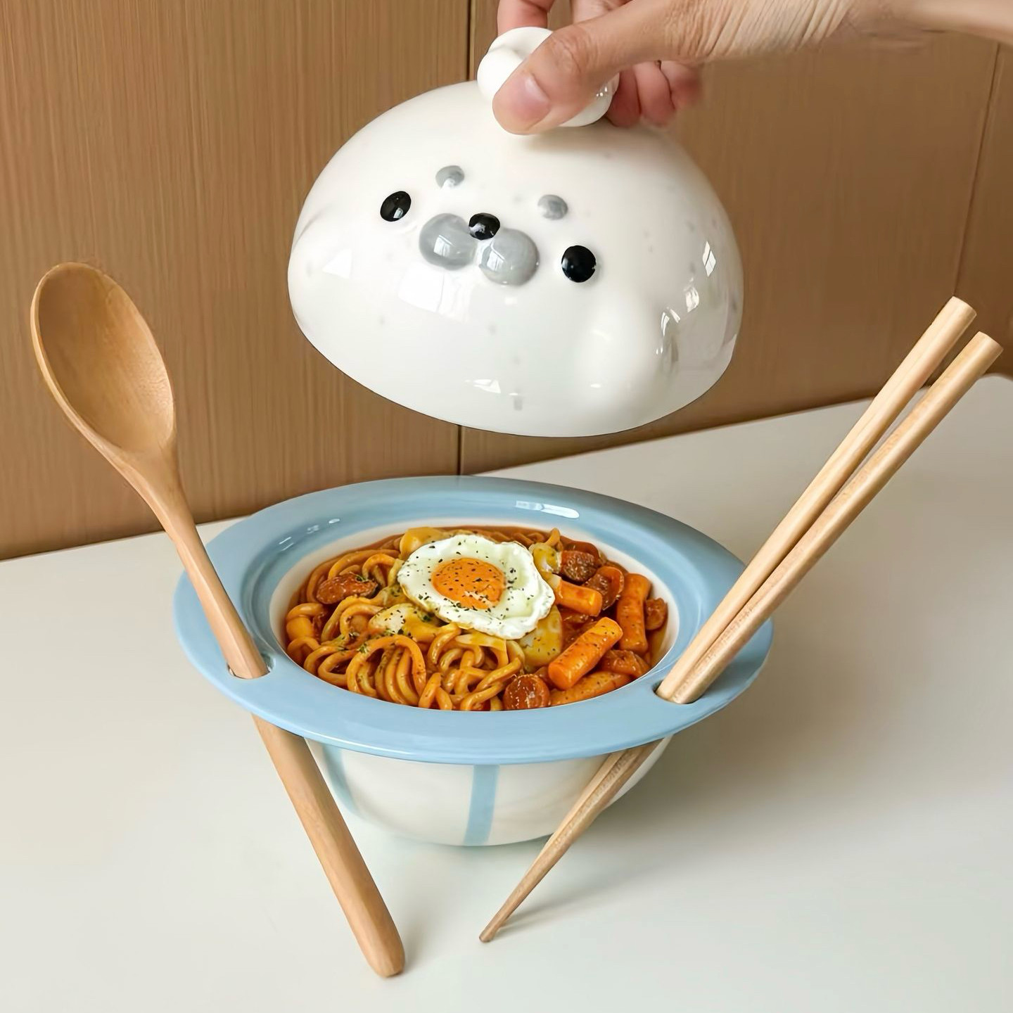 海豹泡面碗可爱高颜值陶瓷带盖饭碗家用餐具小动物卡通多巴胺