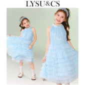 LYSUCS女童无袖 连衣裙夏季 国风儿童梦幻蓝色亮片公主裙挂脖网纱裙