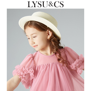 LYSUCS儿童平顶草帽夏季法式复古礼帽出游度假遮阳防晒帽子