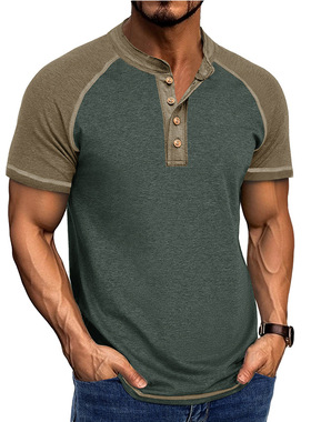 亚马逊夏季新款男士短袖t恤欧美男装拼色亨利衫爆款上衣