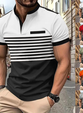 ins夏季亚马逊POLO衫男士印花条纹马球衫短袖t恤商务休闲几何印花