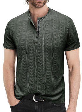 夏季欧美跨境男装时尚针织衫男士短袖亨利衫亚马逊男士t恤