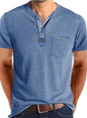 夏季跨境欧美男士短袖亨利领t恤亚马逊男装休闲圆领上衣服装