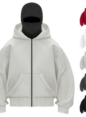 跨境亚马逊春秋设计双层连帽拉链卫衣宽松街头口袋男女情侣款外套