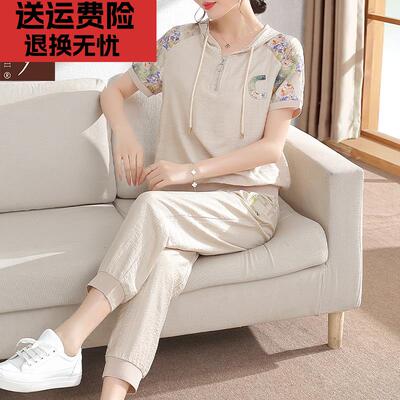 妈妈夏装休闲运动服套装洋气大码新款中老年女夏季短袖卫衣两件套