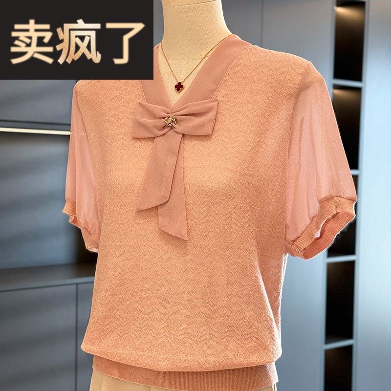 时尚气质妈妈装雪纺拼接针织衫女2025年夏装新款上衣减龄T恤短袖
